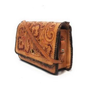 Salinas Vintage Embossed Leather Flap Bag Crossbody Tooled Art to Wear